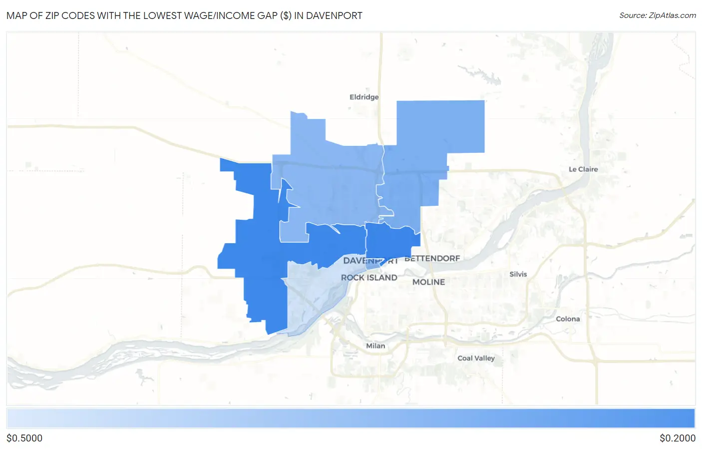 Zip Codes with the Lowest Wage/Income Gap ($) in Davenport Map
