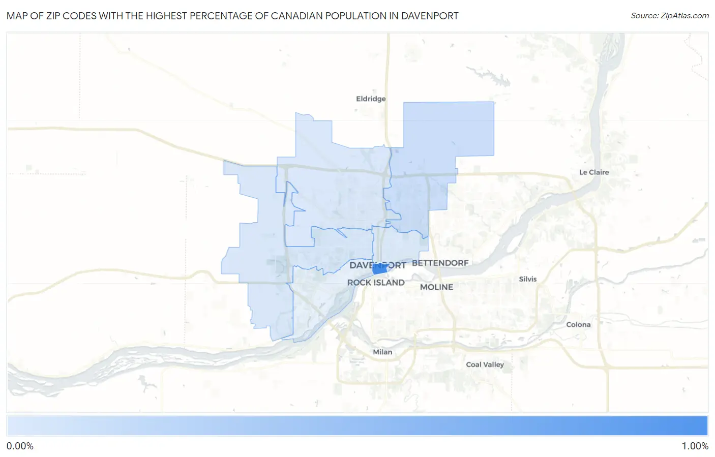 Zip Codes with the Highest Percentage of Canadian Population in Davenport Map
