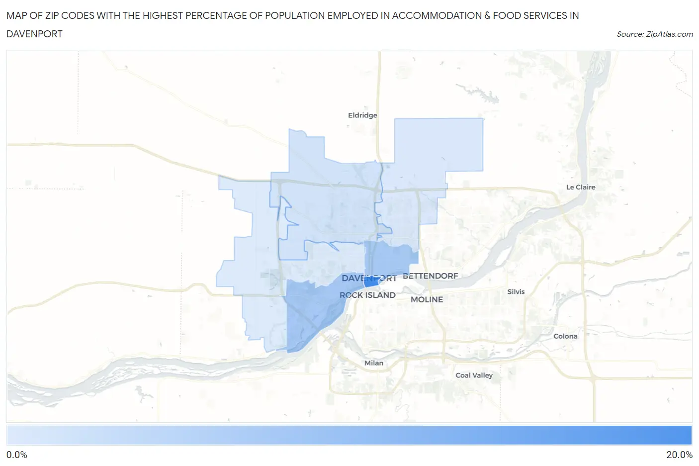 Zip Codes with the Highest Percentage of Population Employed in Accommodation & Food Services in Davenport Map