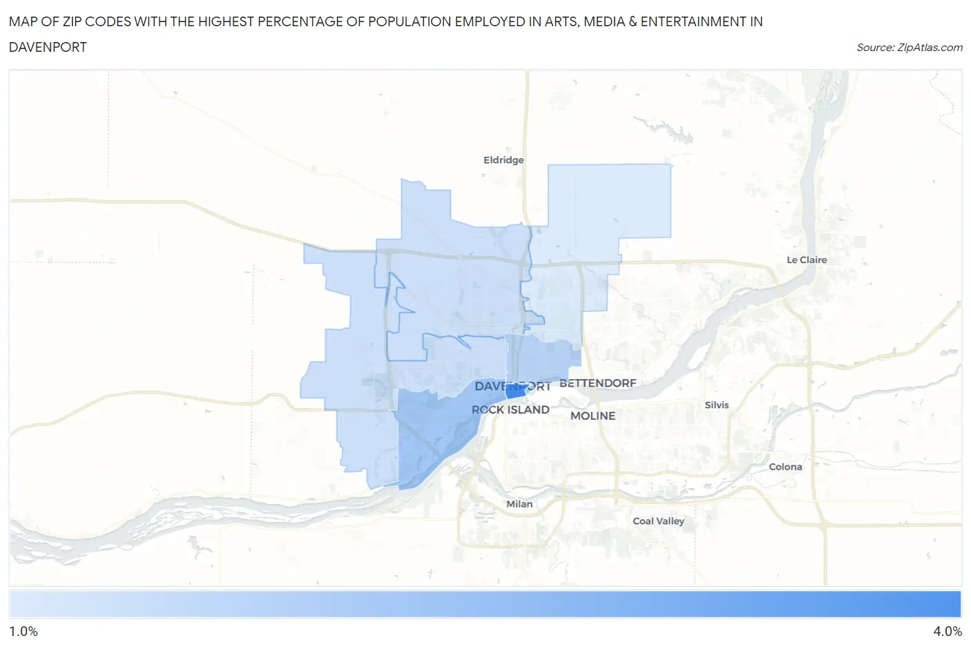 Zip Codes with the Highest Percentage of Population Employed in Arts, Media & Entertainment in Davenport Map