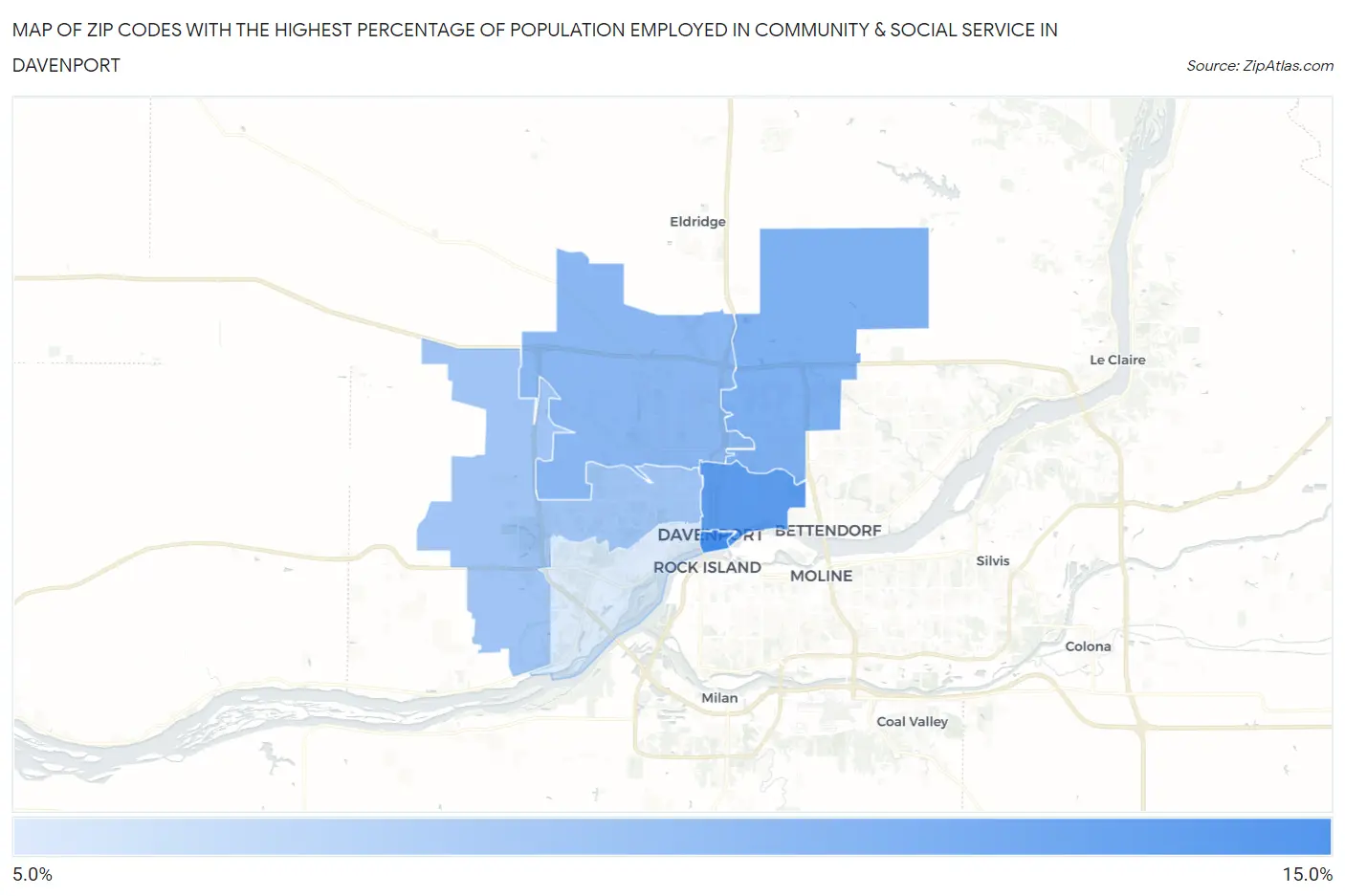 Zip Codes with the Highest Percentage of Population Employed in Community & Social Service  in Davenport Map