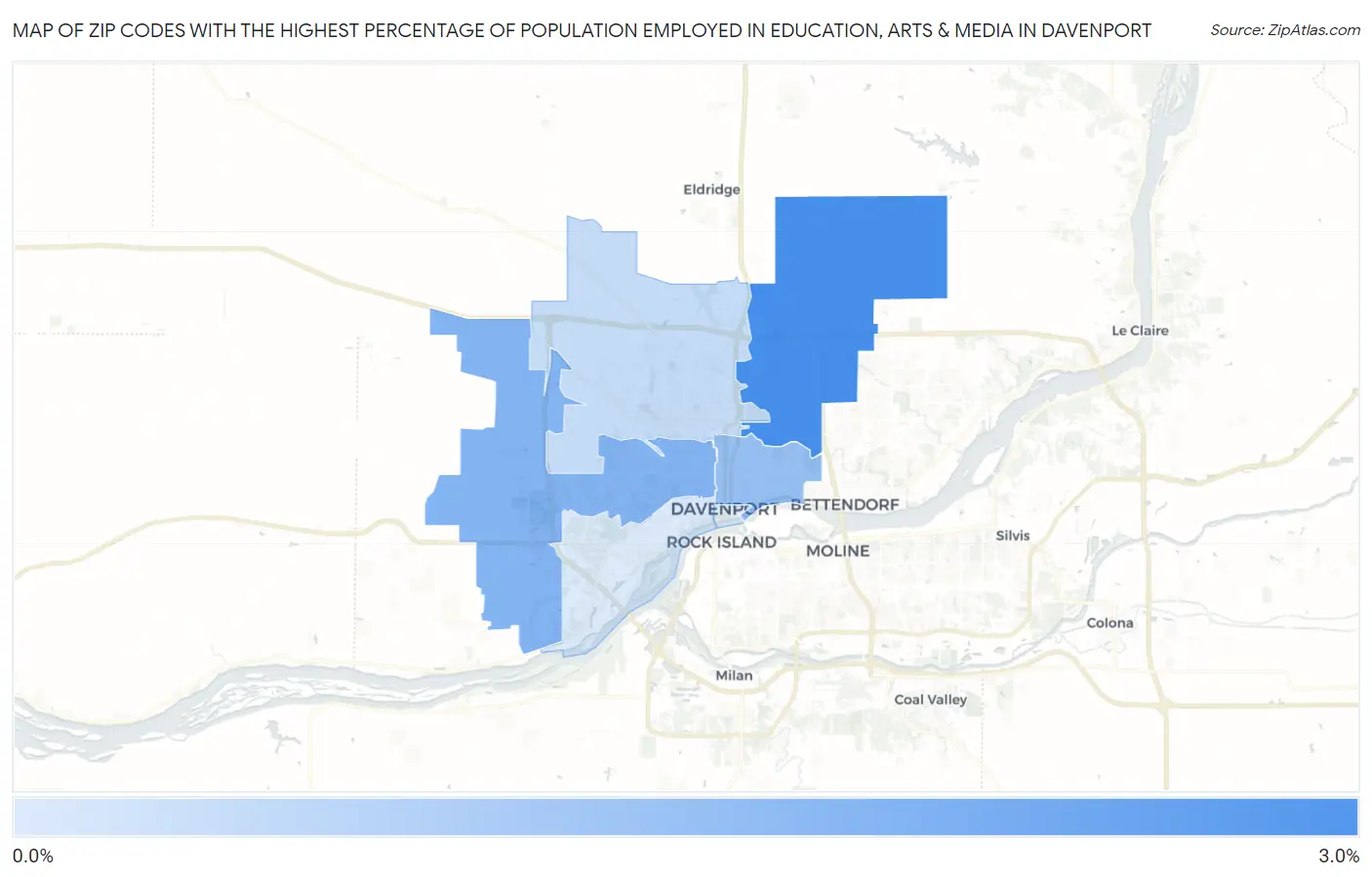 Zip Codes with the Highest Percentage of Population Employed in Education, Arts & Media in Davenport Map