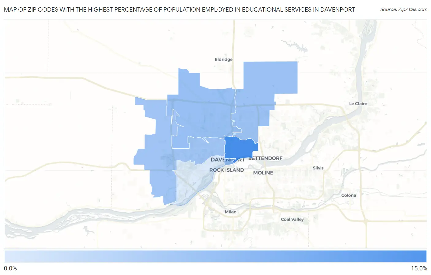 Zip Codes with the Highest Percentage of Population Employed in Educational Services in Davenport Map