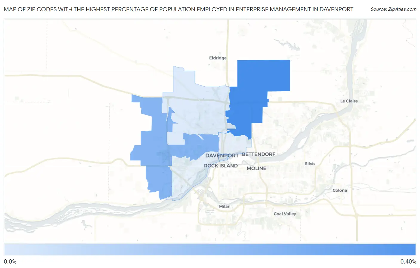 Zip Codes with the Highest Percentage of Population Employed in Enterprise Management in Davenport Map