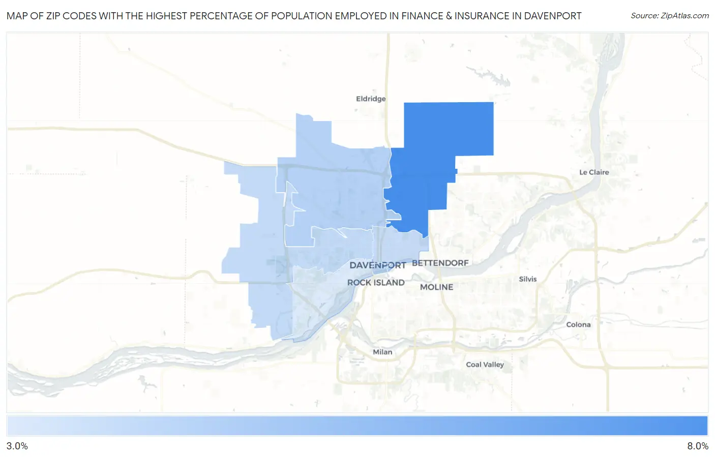 Zip Codes with the Highest Percentage of Population Employed in Finance & Insurance in Davenport Map