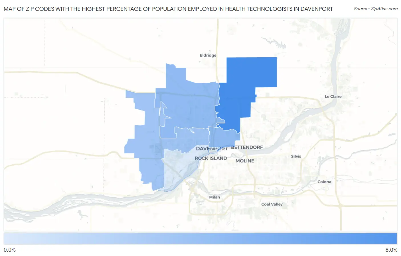 Zip Codes with the Highest Percentage of Population Employed in Health Technologists in Davenport Map