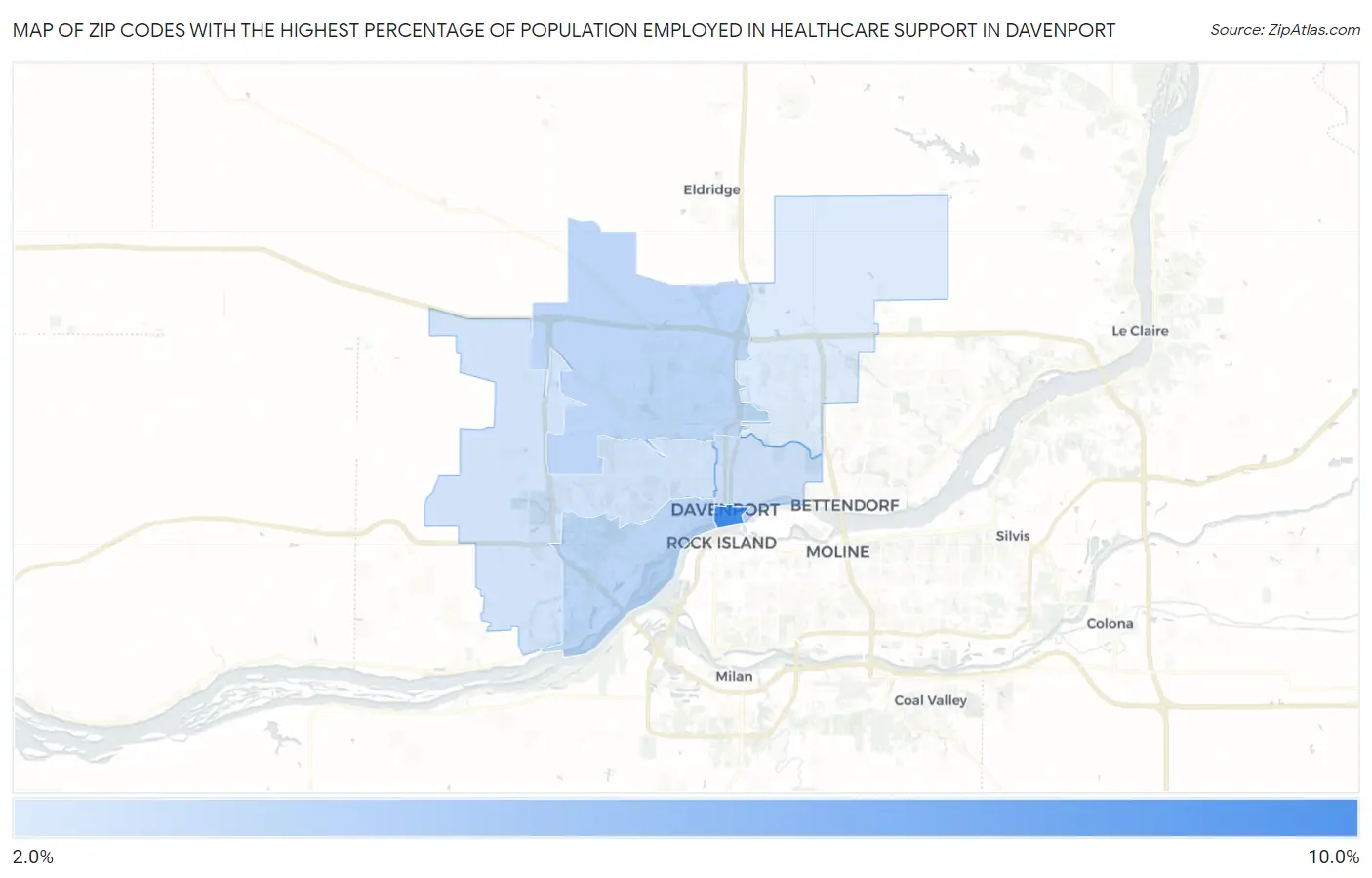 Zip Codes with the Highest Percentage of Population Employed in Healthcare Support in Davenport Map