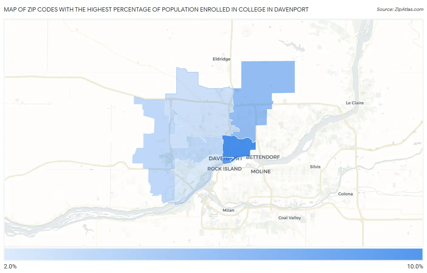 Zip Codes with the Highest Percentage of Population Enrolled in College in Davenport Map