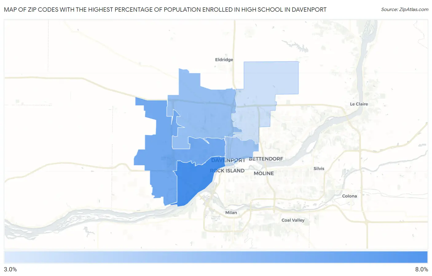 Zip Codes with the Highest Percentage of Population Enrolled in High School in Davenport Map