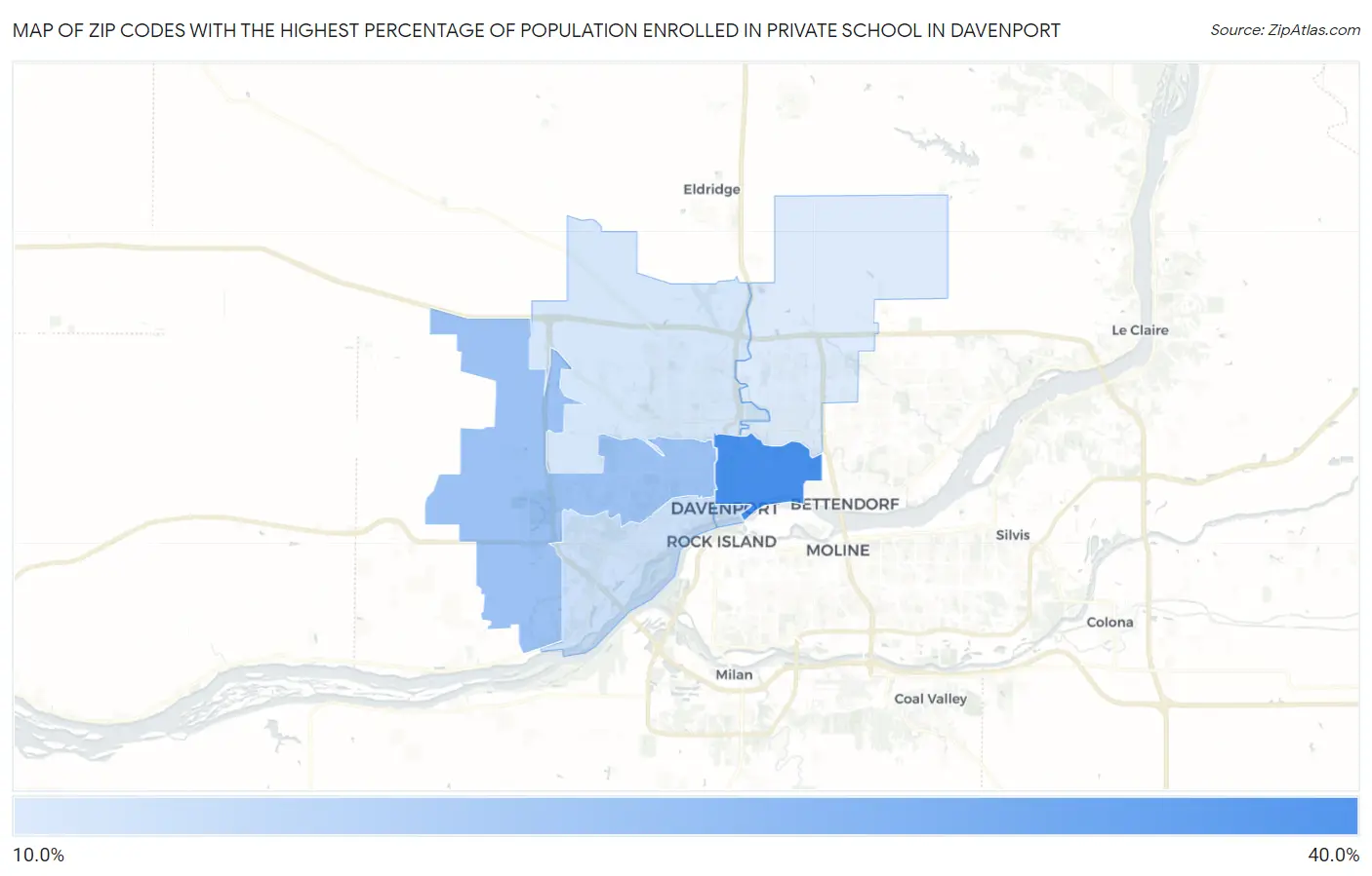 Zip Codes with the Highest Percentage of Population Enrolled in Private School in Davenport Map