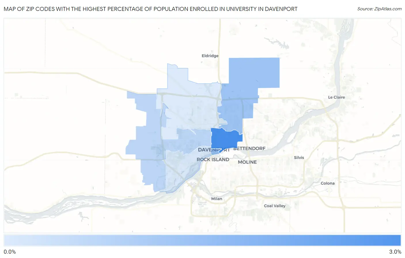 Zip Codes with the Highest Percentage of Population Enrolled in University in Davenport Map