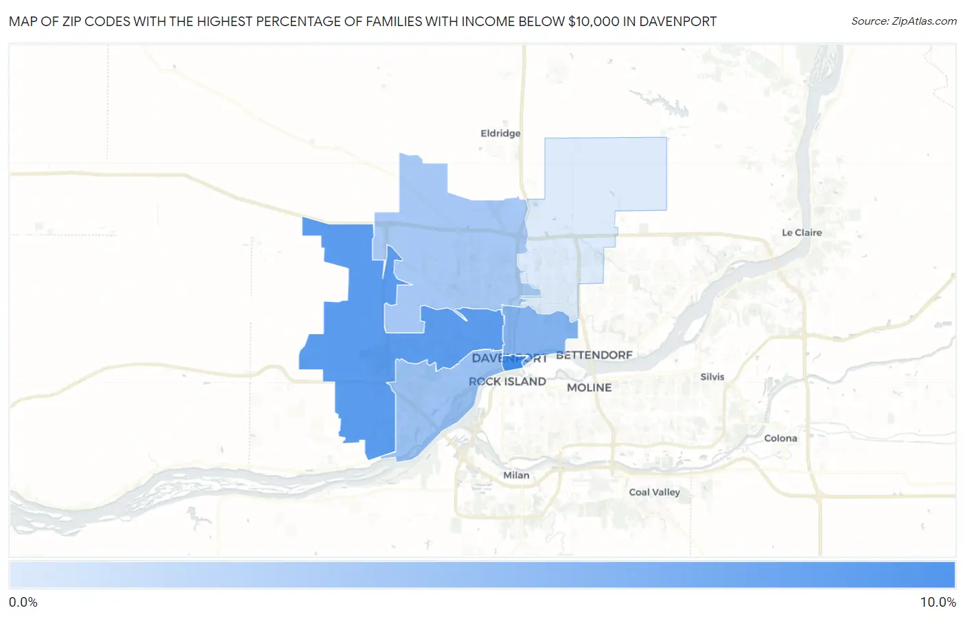 Zip Codes with the Highest Percentage of Families with Income Below $10,000 in Davenport Map