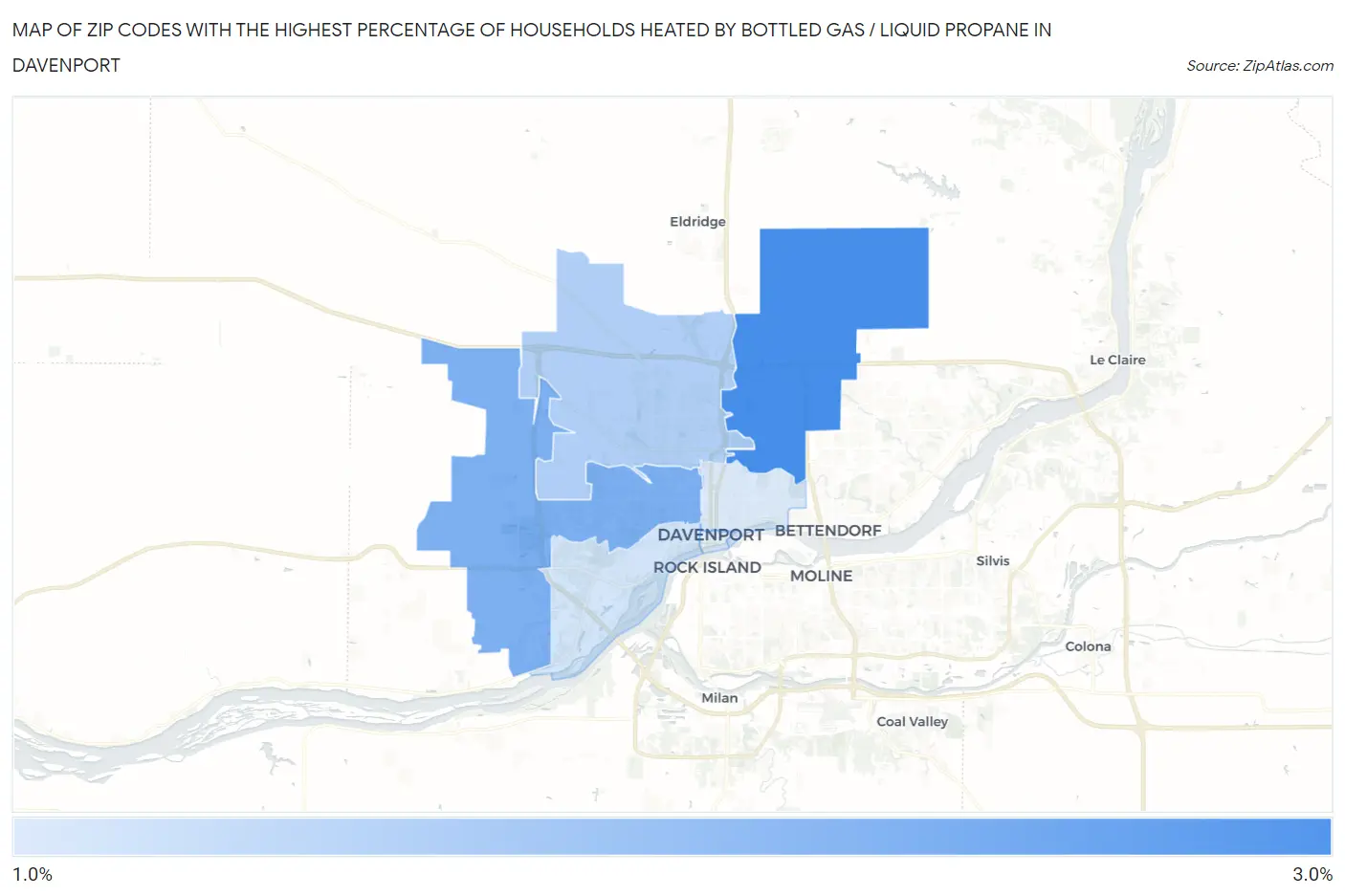 Zip Codes with the Highest Percentage of Households Heated by Bottled Gas / Liquid Propane in Davenport Map