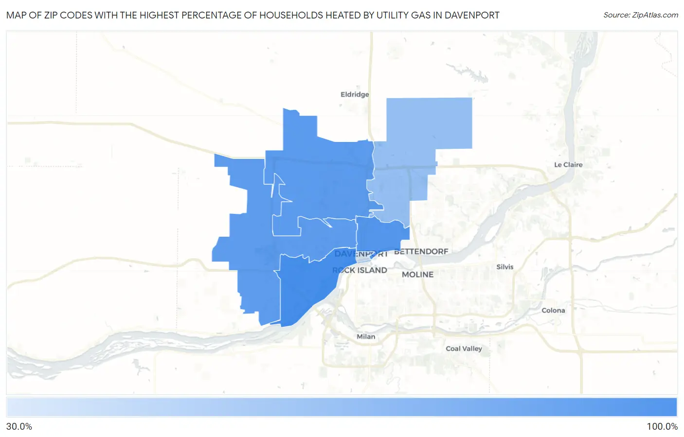Zip Codes with the Highest Percentage of Households Heated by Utility Gas in Davenport Map