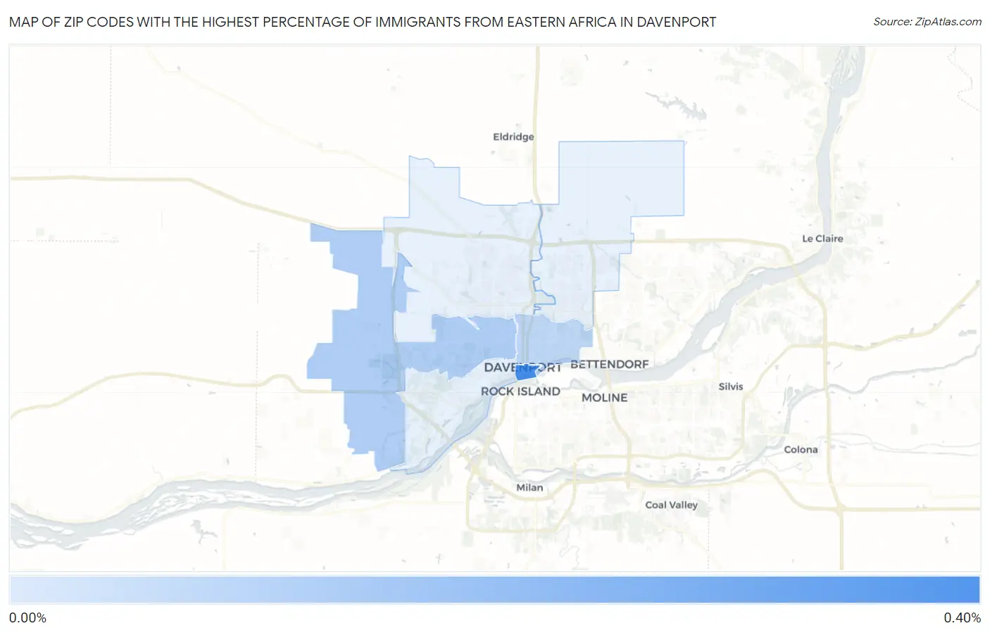Zip Codes with the Highest Percentage of Immigrants from Eastern Africa in Davenport Map