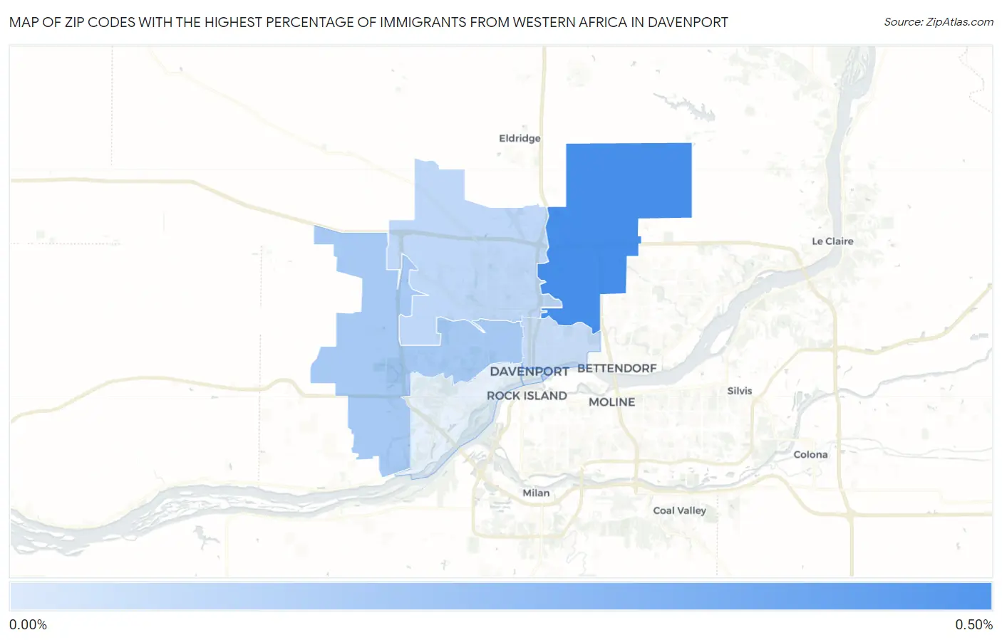 Zip Codes with the Highest Percentage of Immigrants from Western Africa in Davenport Map