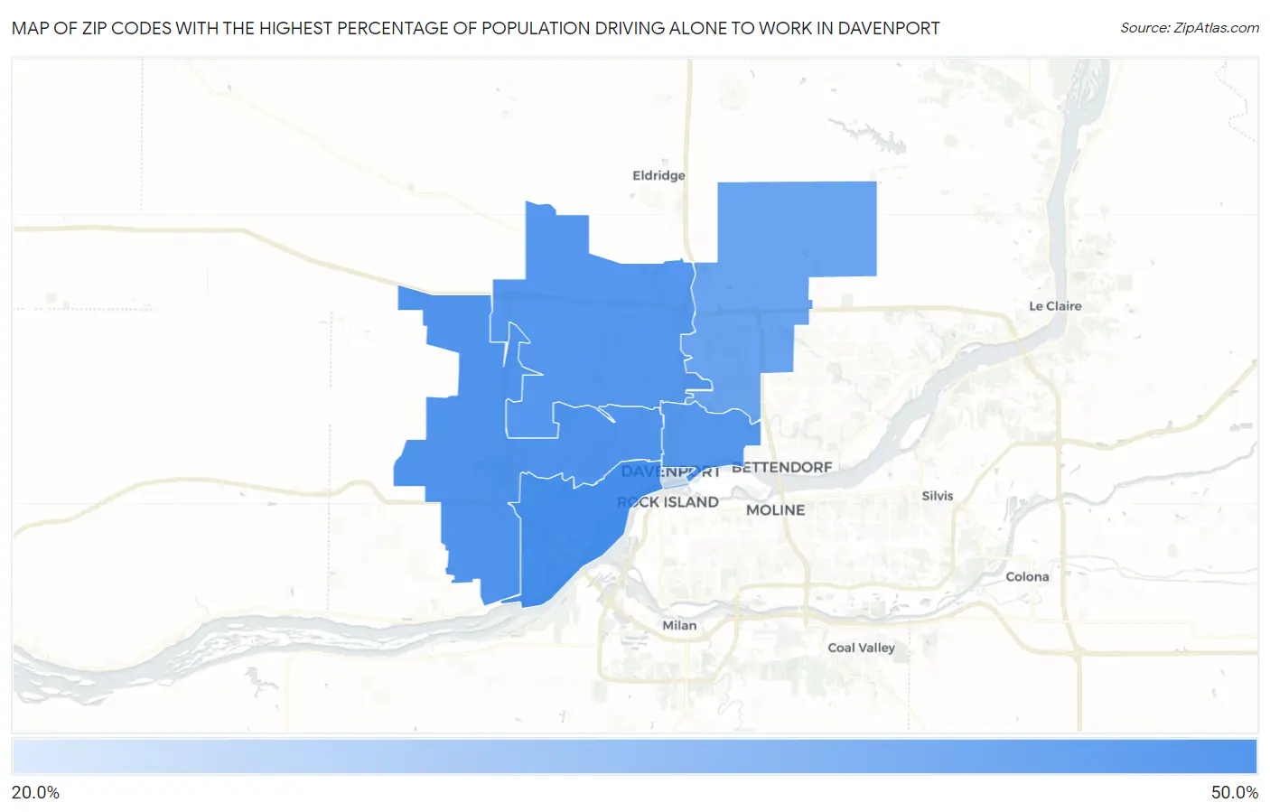 Zip Codes with the Highest Percentage of Population Driving Alone to Work in Davenport Map