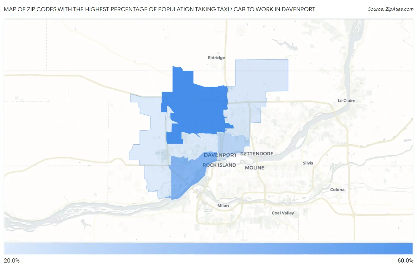 Zip Codes with the Highest Percentage of Population Taking Taxi / Cab to Work in Davenport Map