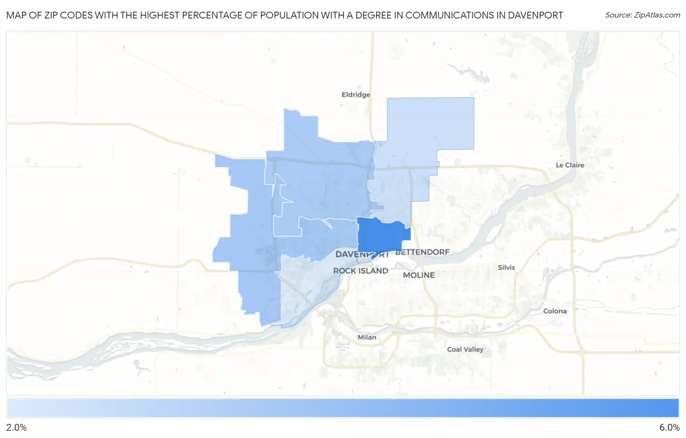 Zip Codes with the Highest Percentage of Population with a Degree in Communications in Davenport Map