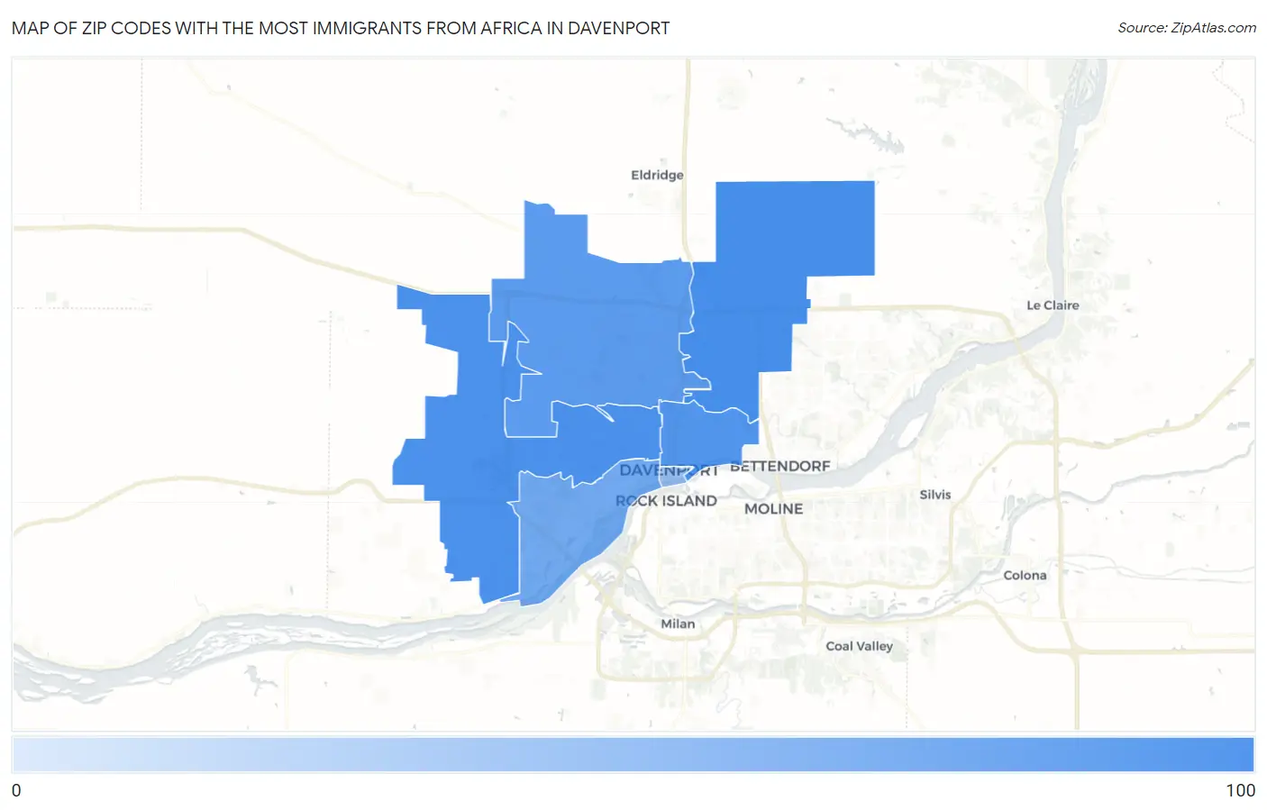 Zip Codes with the Most Immigrants from Africa in Davenport Map