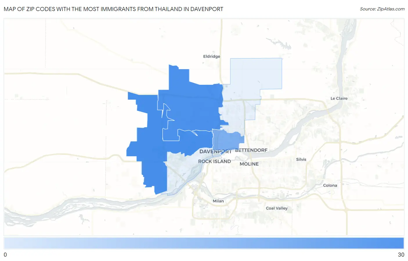 Zip Codes with the Most Immigrants from Thailand in Davenport Map