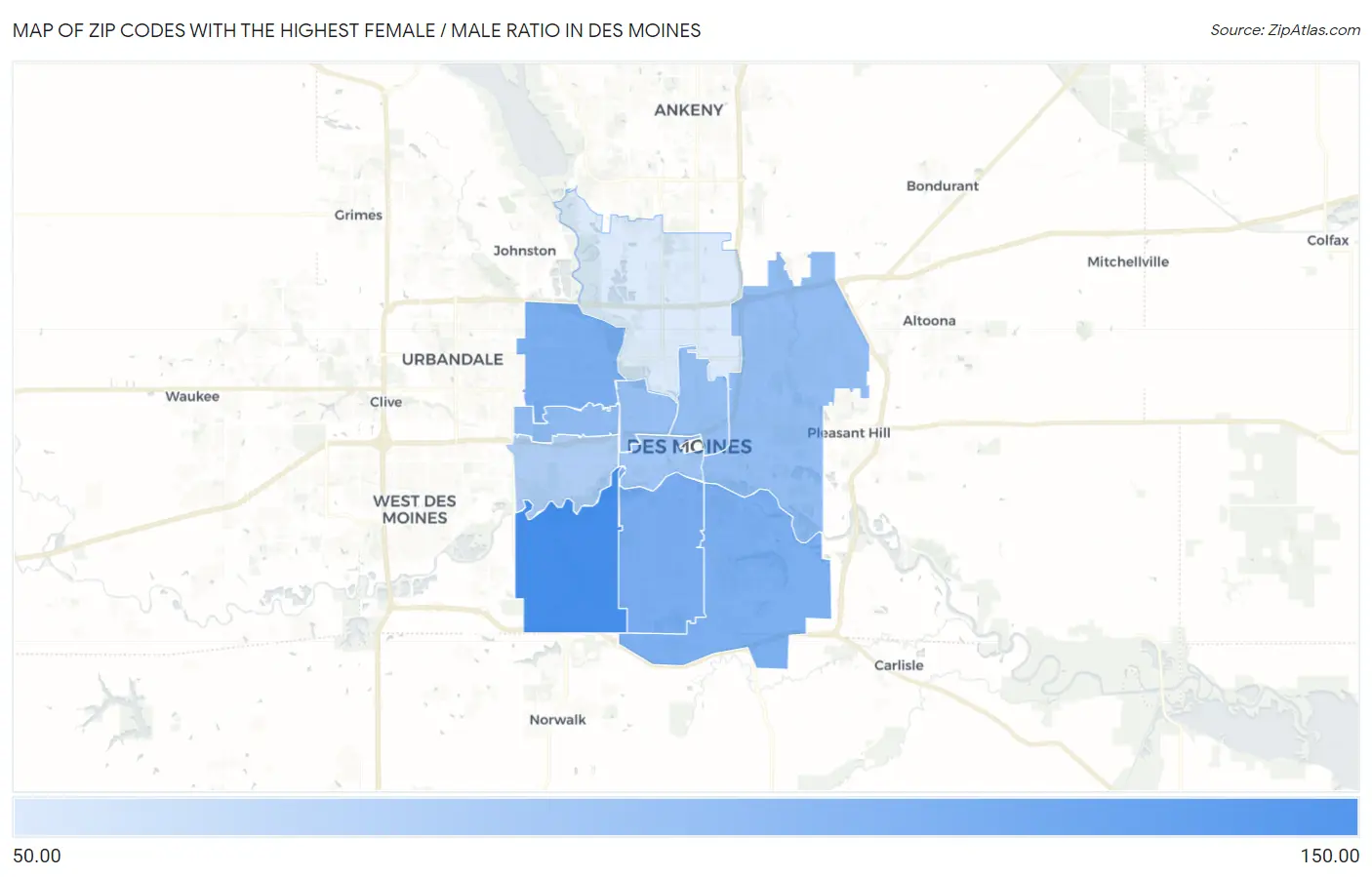 Zip Codes with the Highest Female / Male Ratio in Des Moines Map