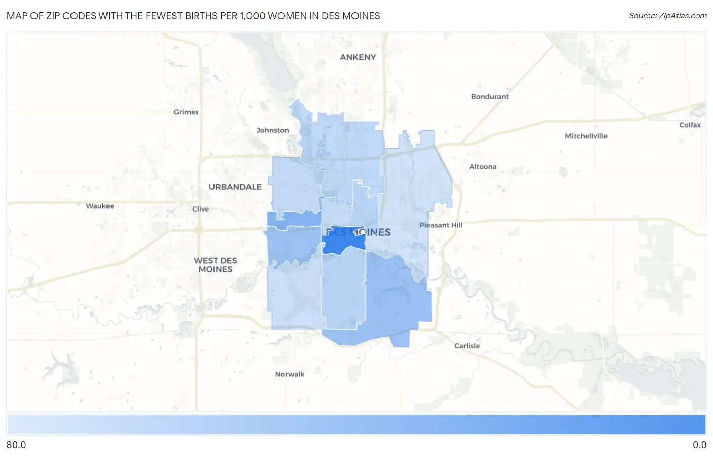 Zip Codes with the Fewest Births per 1,000 Women in Des Moines Map