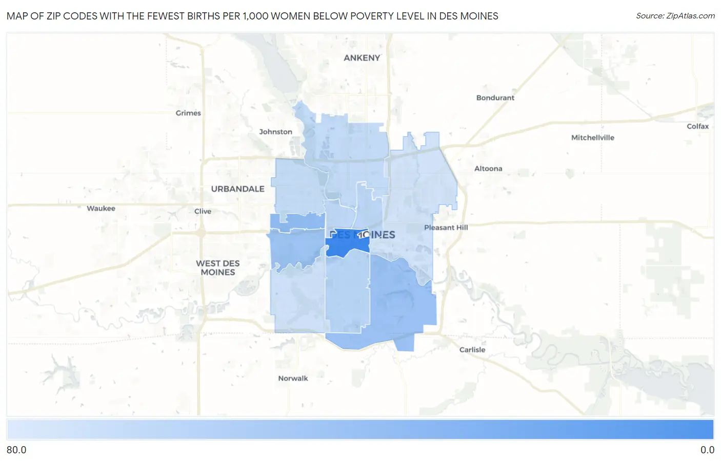 Zip Codes with the Fewest Births per 1,000 Women Below Poverty Level in Des Moines Map