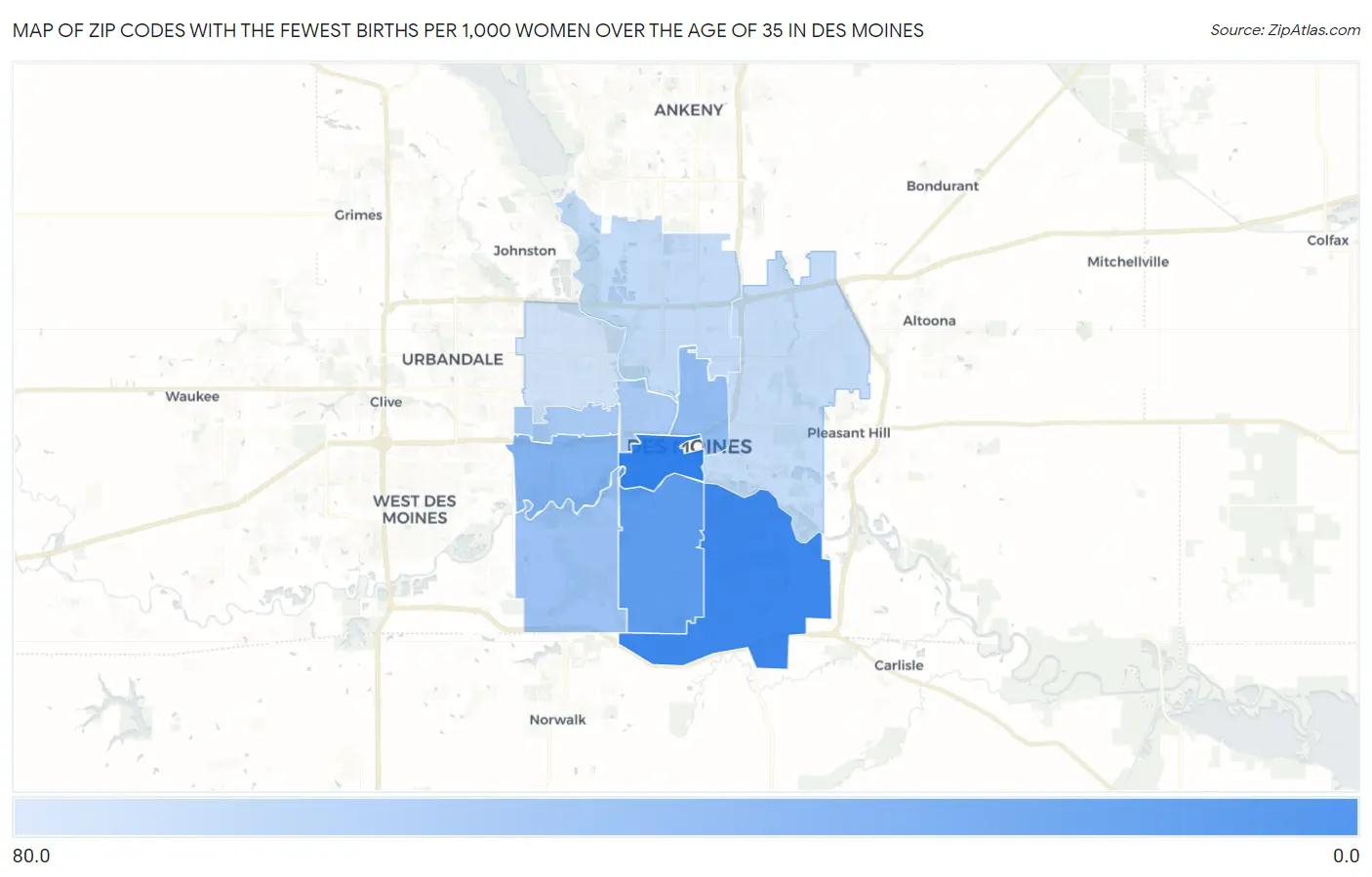 Zip Codes with the Fewest Births per 1,000 Women Over the Age of 35 in Des Moines Map