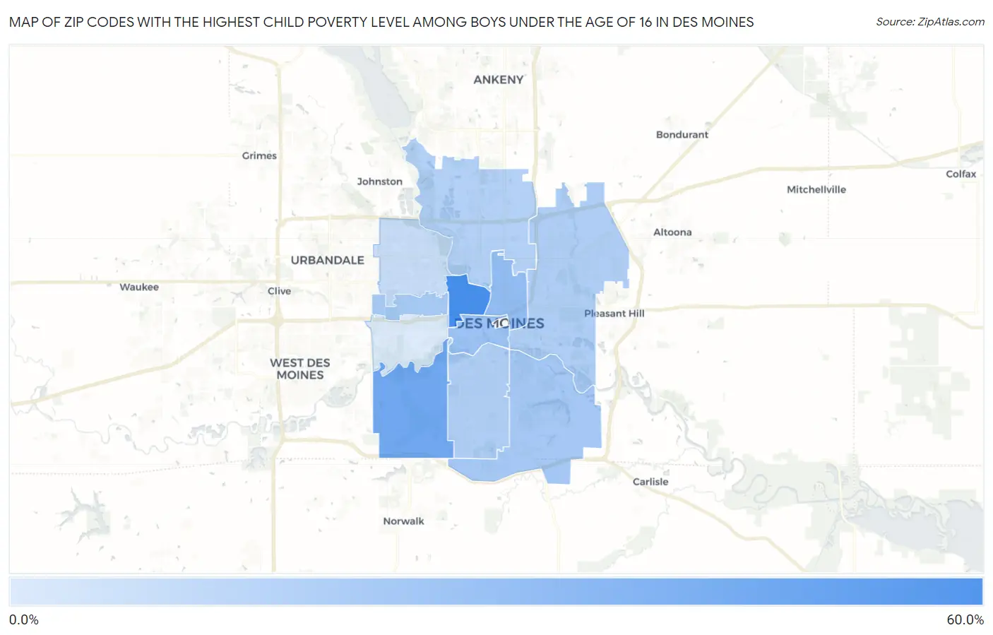 Zip Codes with the Highest Child Poverty Level Among Boys Under the Age of 16 in Des Moines Map