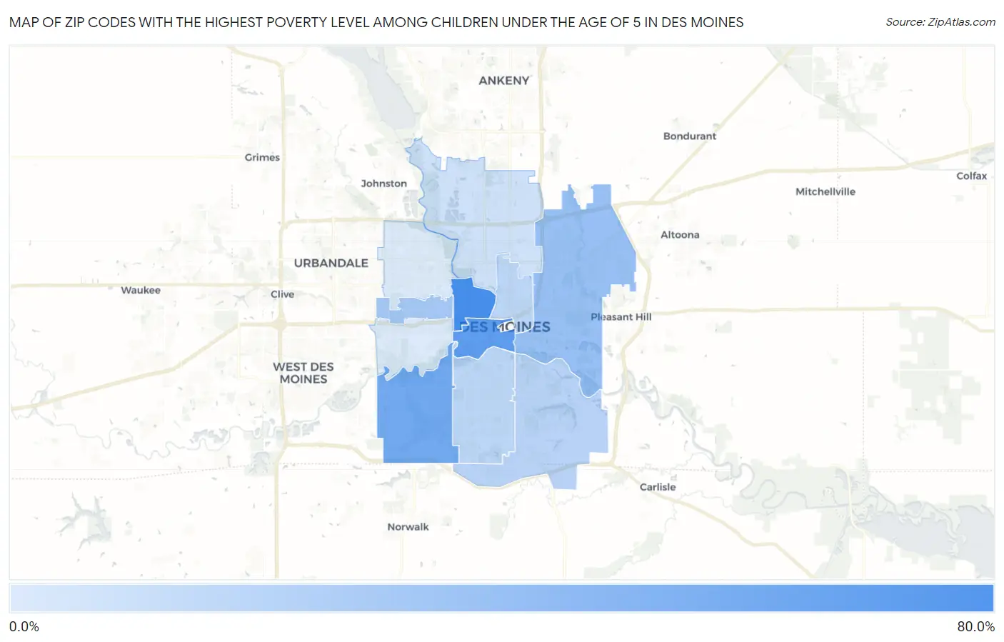 Zip Codes with the Highest Poverty Level Among Children Under the Age of 5 in Des Moines Map