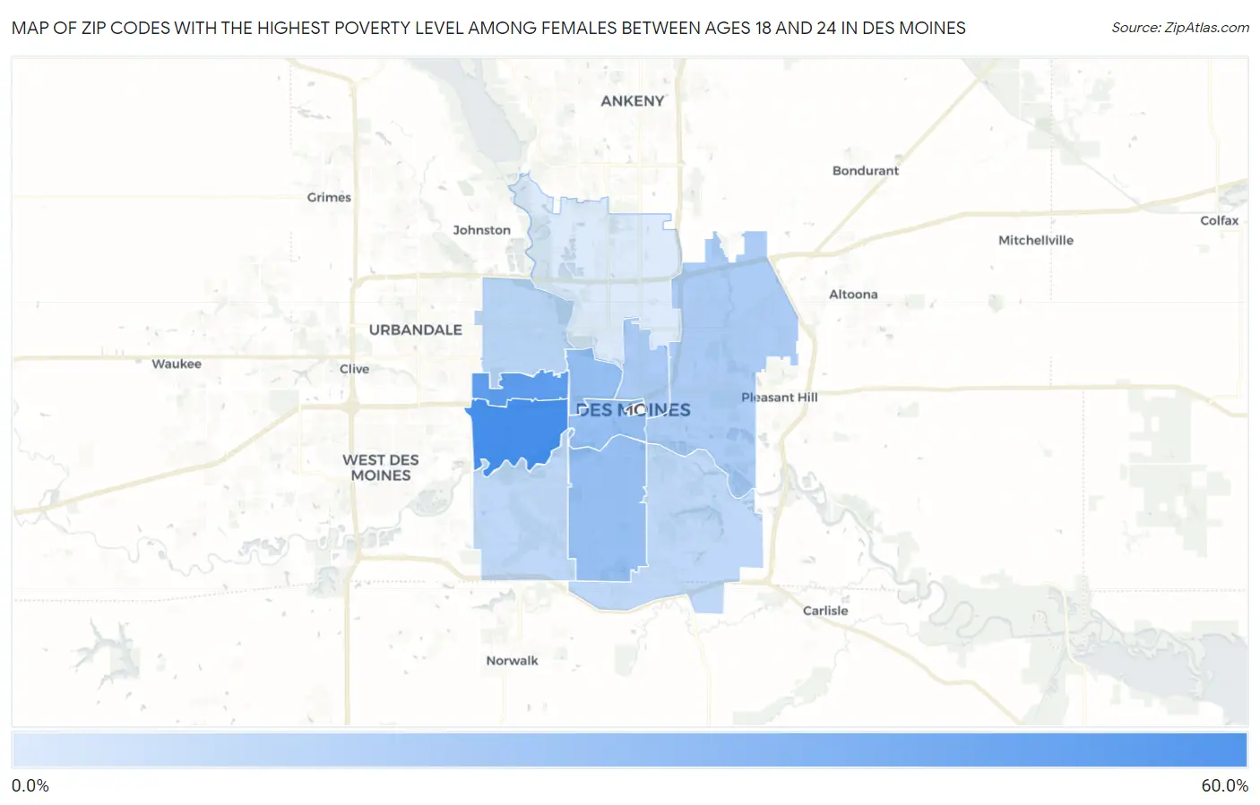 Zip Codes with the Highest Poverty Level Among Females Between Ages 18 and 24 in Des Moines Map
