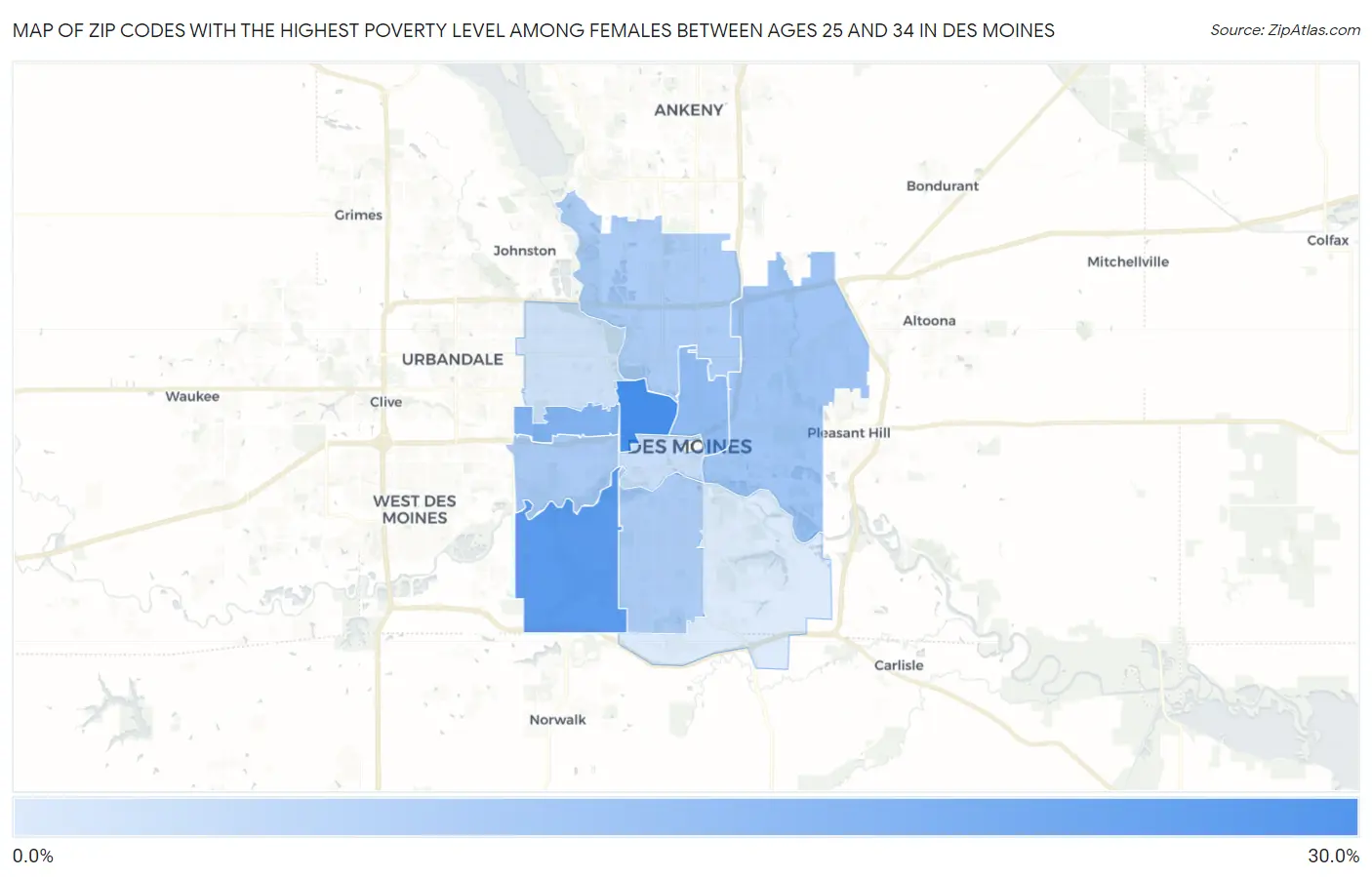 Zip Codes with the Highest Poverty Level Among Females Between Ages 25 and 34 in Des Moines Map
