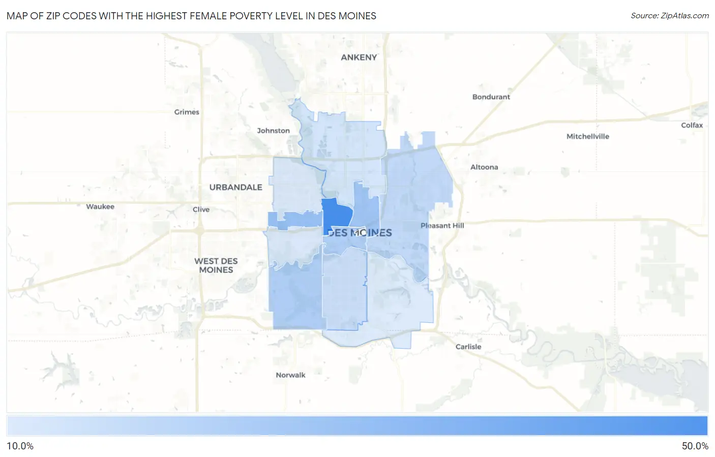 Zip Codes with the Highest Female Poverty Level in Des Moines Map