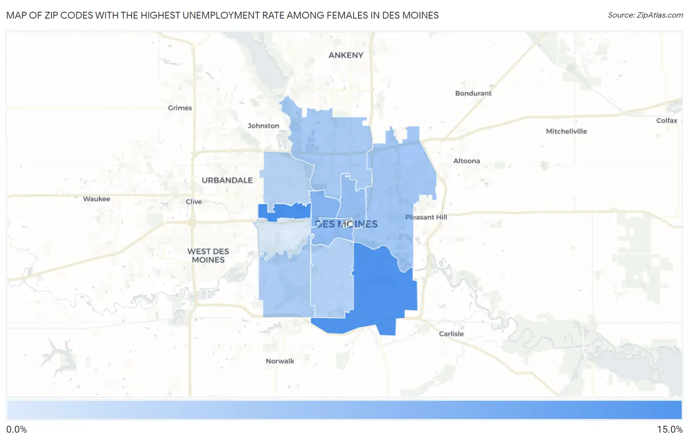 Zip Codes with the Highest Unemployment Rate Among Females in Des Moines Map
