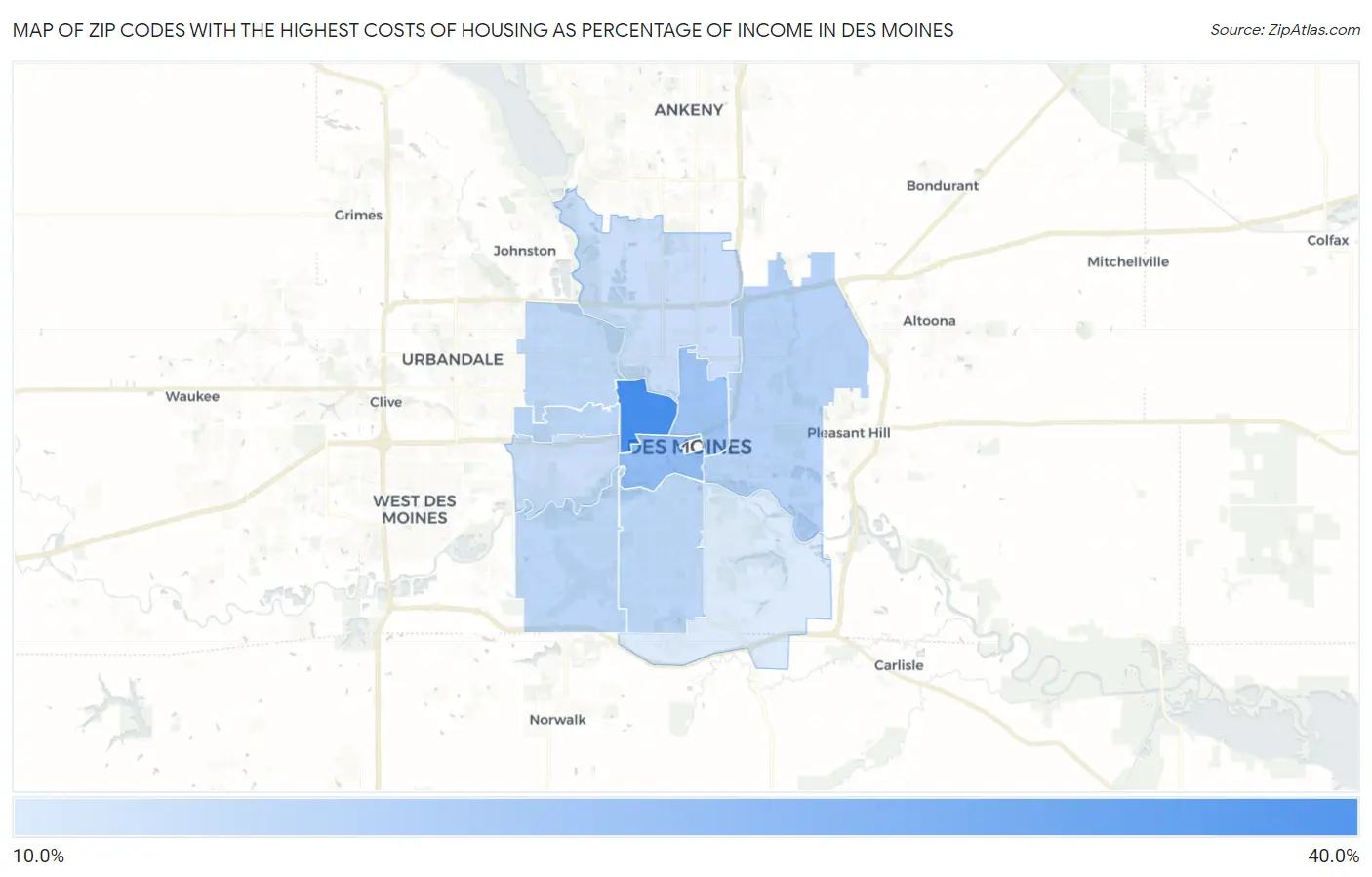 Zip Codes with the Highest Costs of Housing as Percentage of Income in Des Moines Map