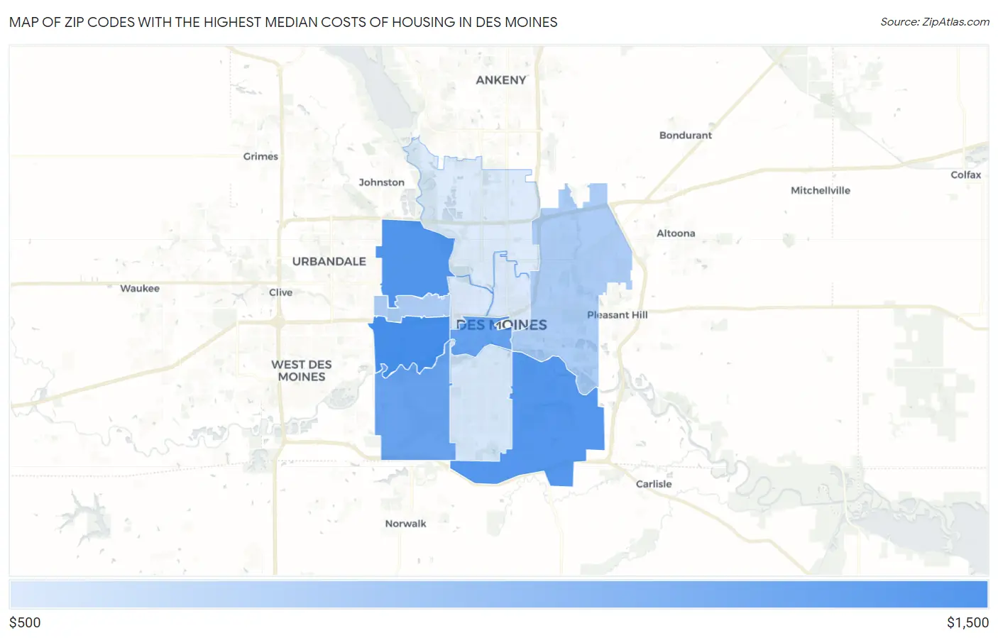 Zip Codes with the Highest Median Costs of Housing in Des Moines Map