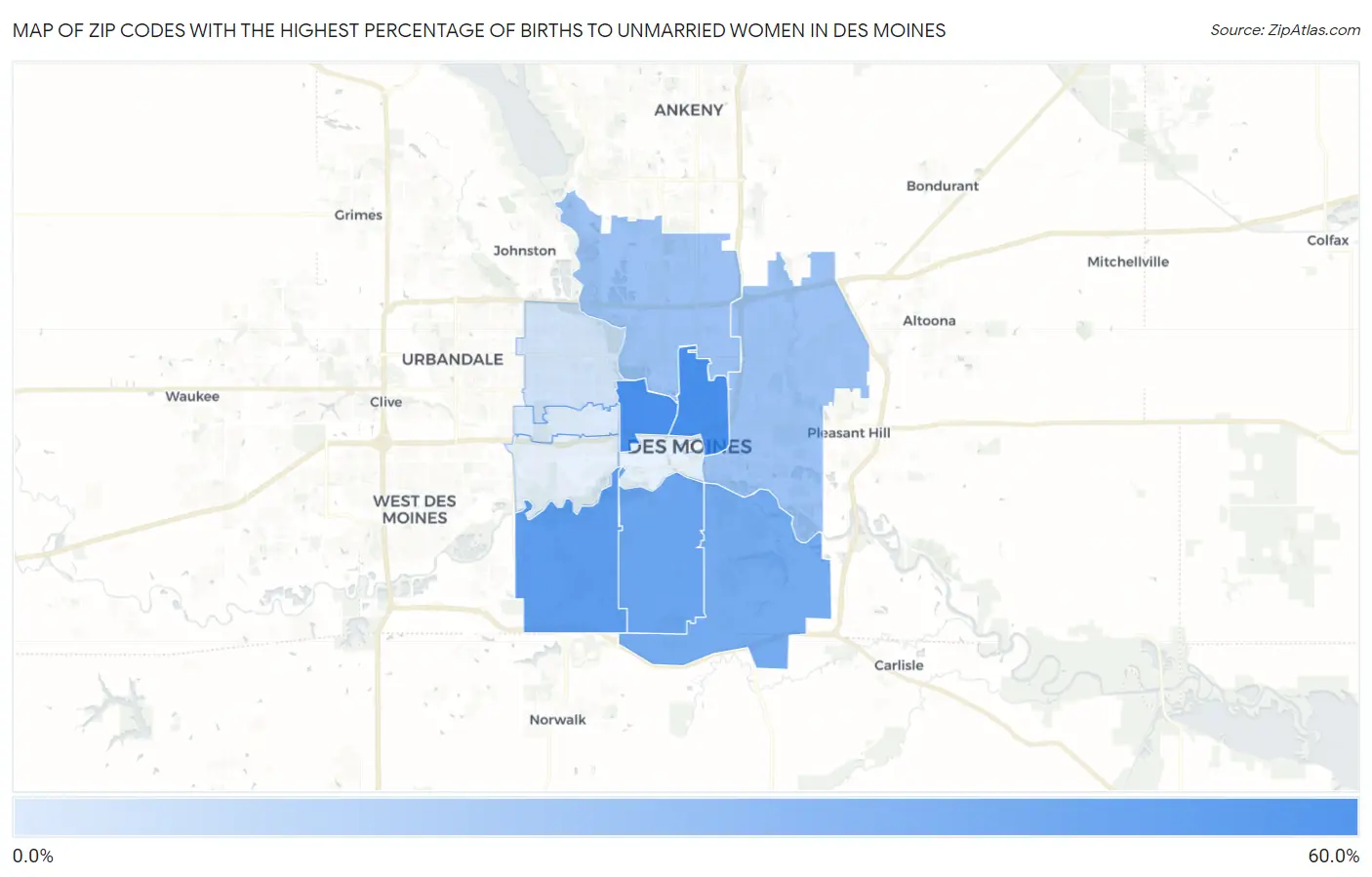 Zip Codes with the Highest Percentage of Births to Unmarried Women in Des Moines Map