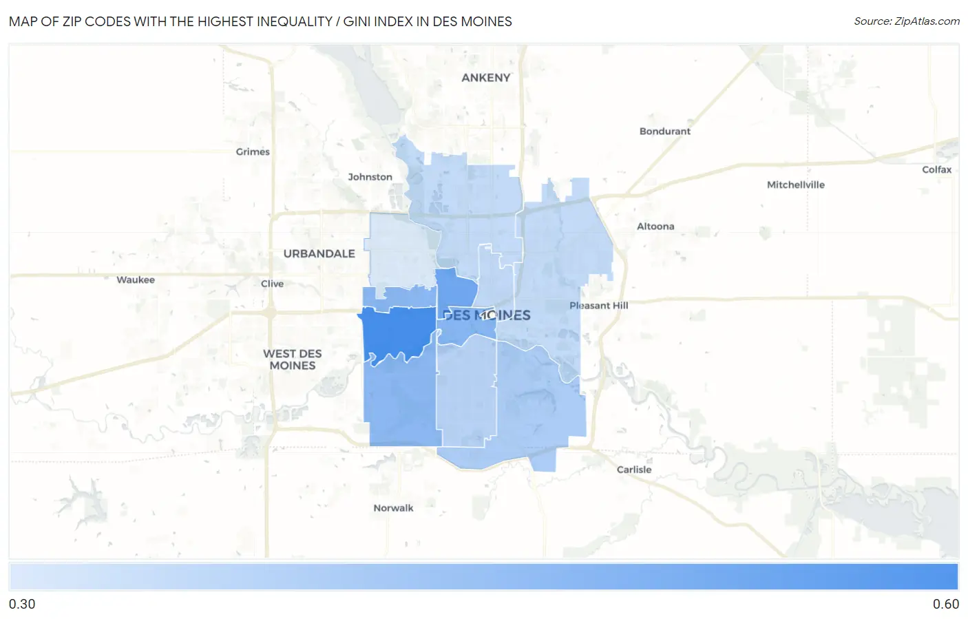 Zip Codes with the Highest Inequality / Gini Index in Des Moines Map