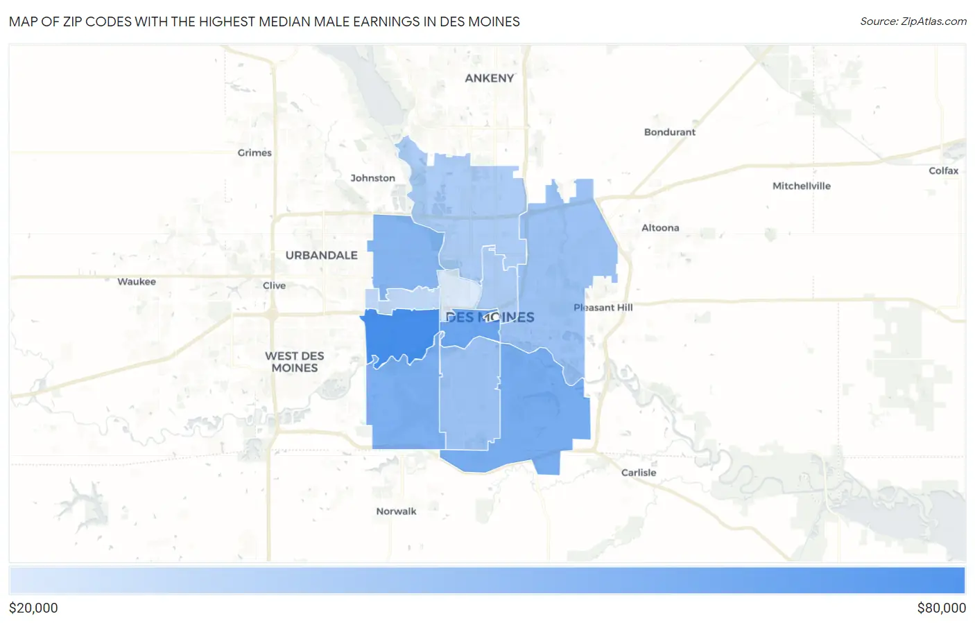 Zip Codes with the Highest Median Male Earnings in Des Moines Map