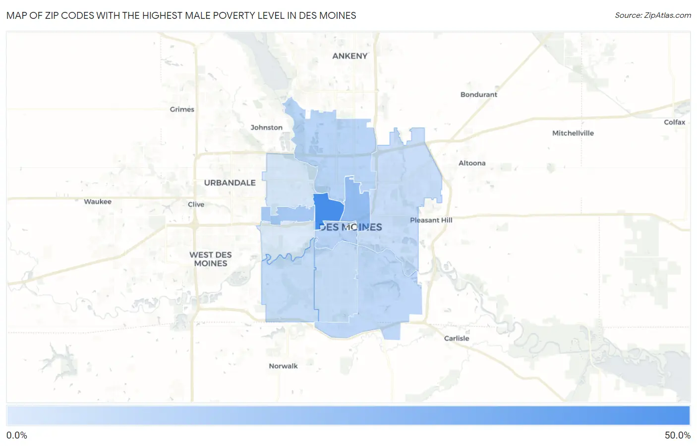 Zip Codes with the Highest Male Poverty Level in Des Moines Map