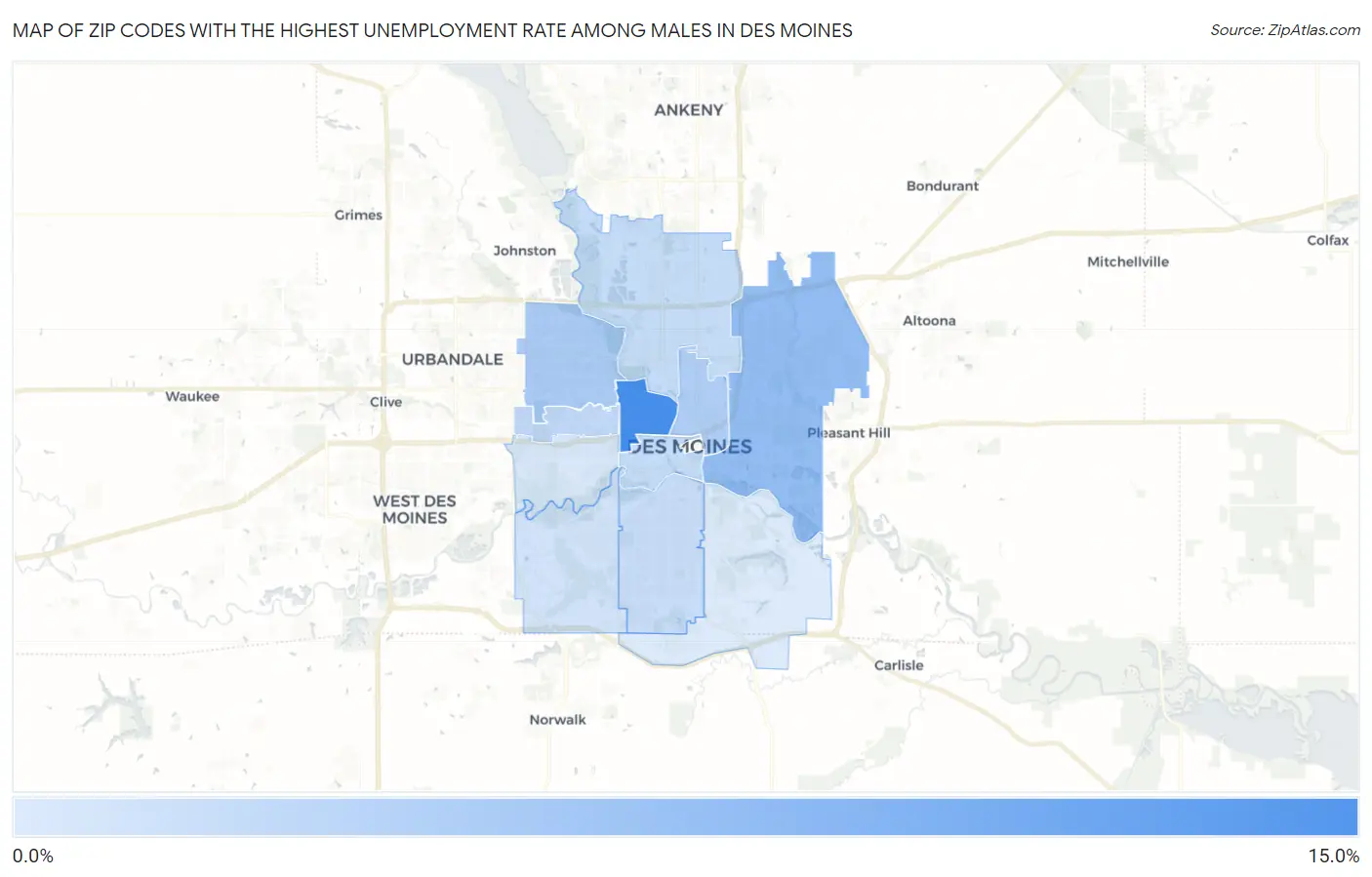 Zip Codes with the Highest Unemployment Rate Among Males in Des Moines Map