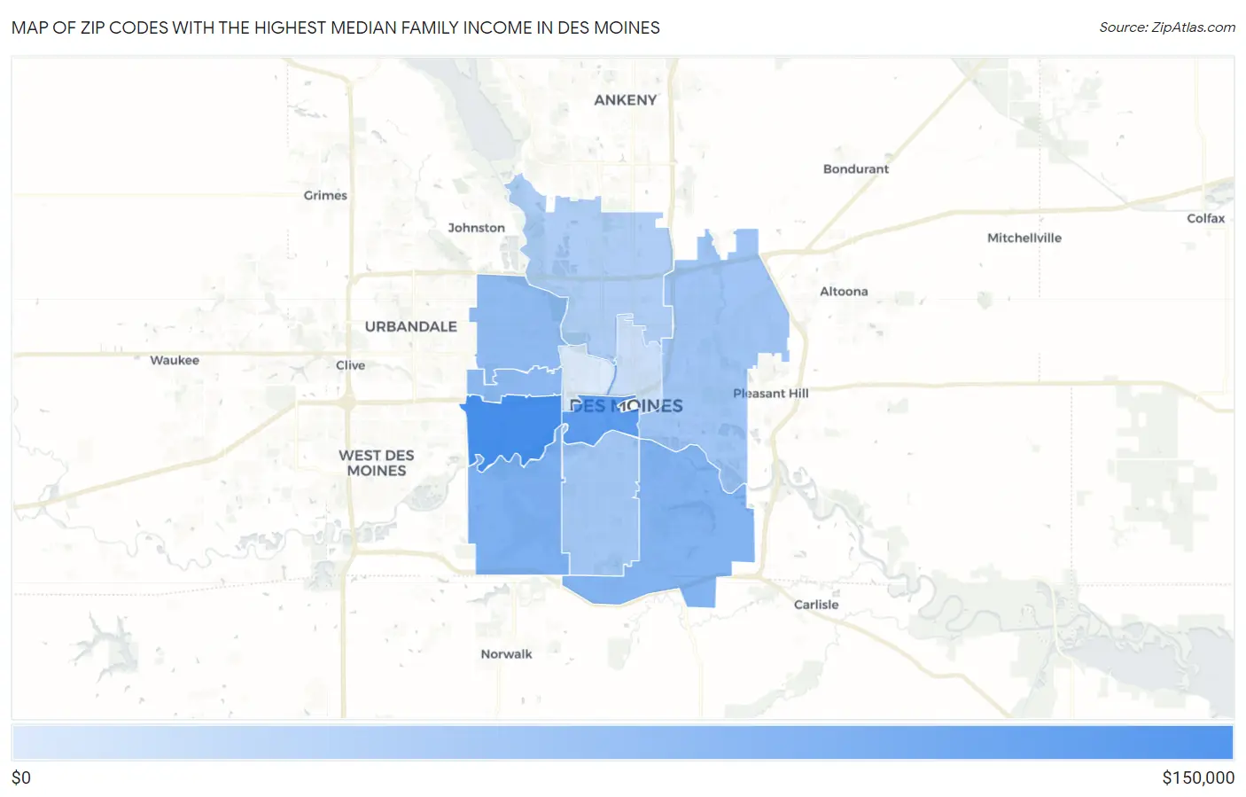 Zip Codes with the Highest Median Family Income in Des Moines Map