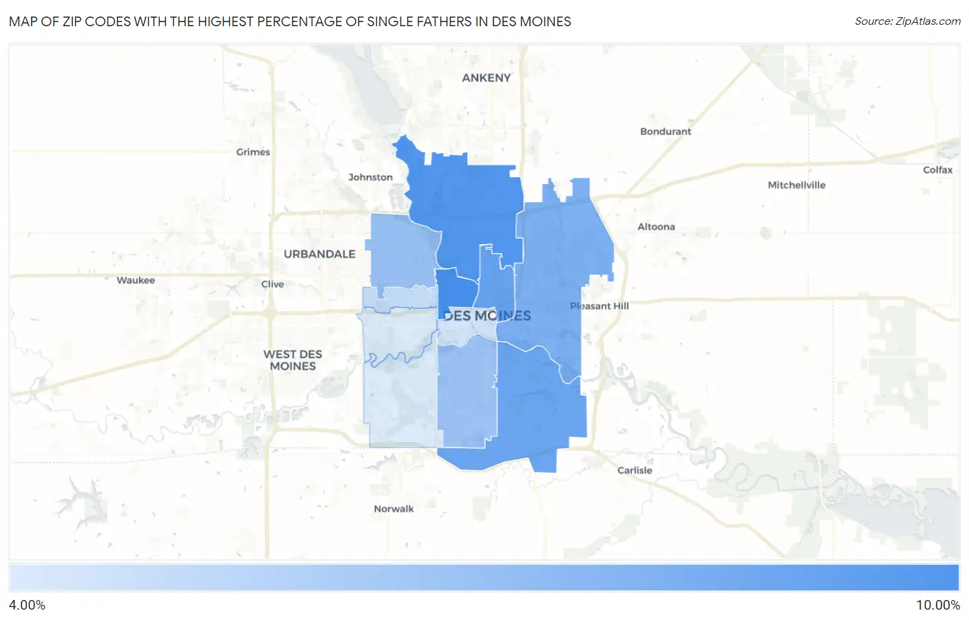 Zip Codes with the Highest Percentage of Single Fathers in Des Moines Map