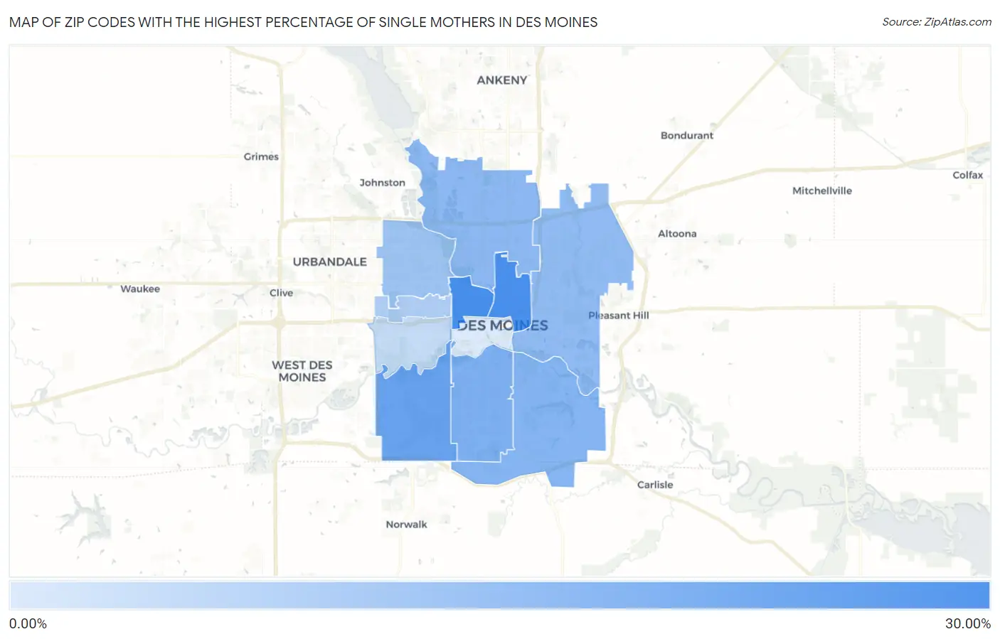 Zip Codes with the Highest Percentage of Single Mothers in Des Moines Map