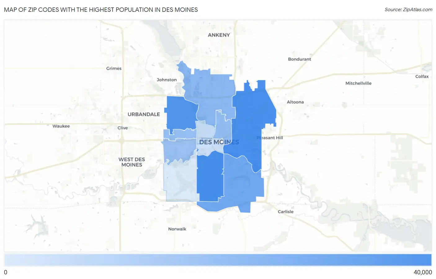 Zip Codes with the Highest Population in Des Moines Map