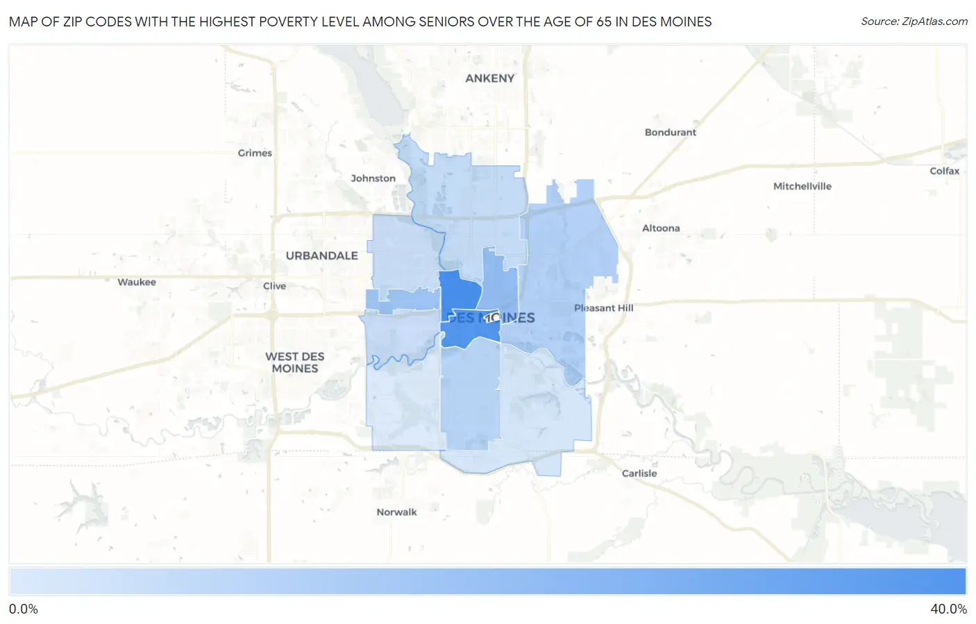 Zip Codes with the Highest Poverty Level Among Seniors Over the Age of 65 in Des Moines Map