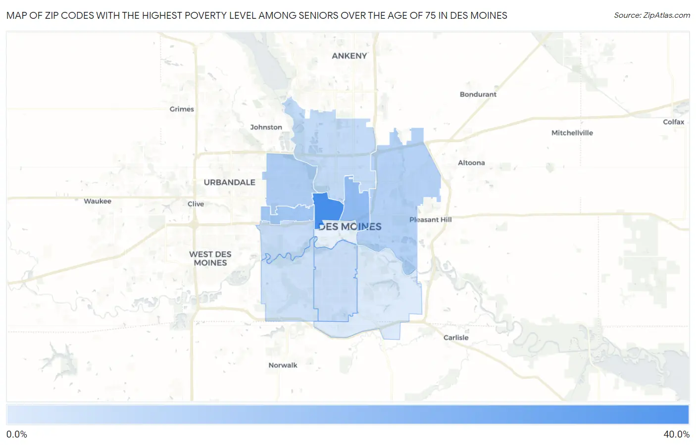 Zip Codes with the Highest Poverty Level Among Seniors Over the Age of 75 in Des Moines Map
