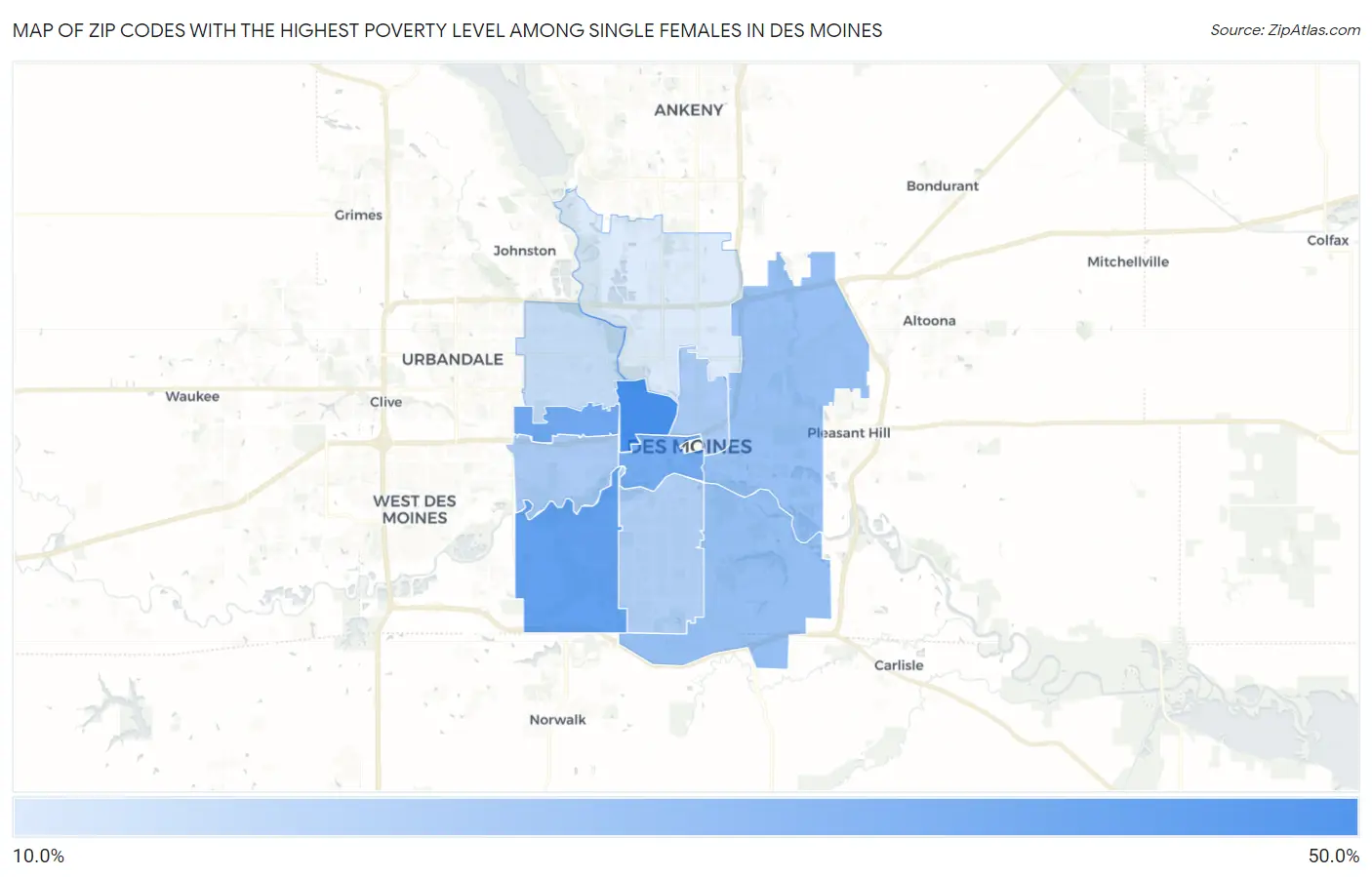 Zip Codes with the Highest Poverty Level Among Single Females in Des Moines Map