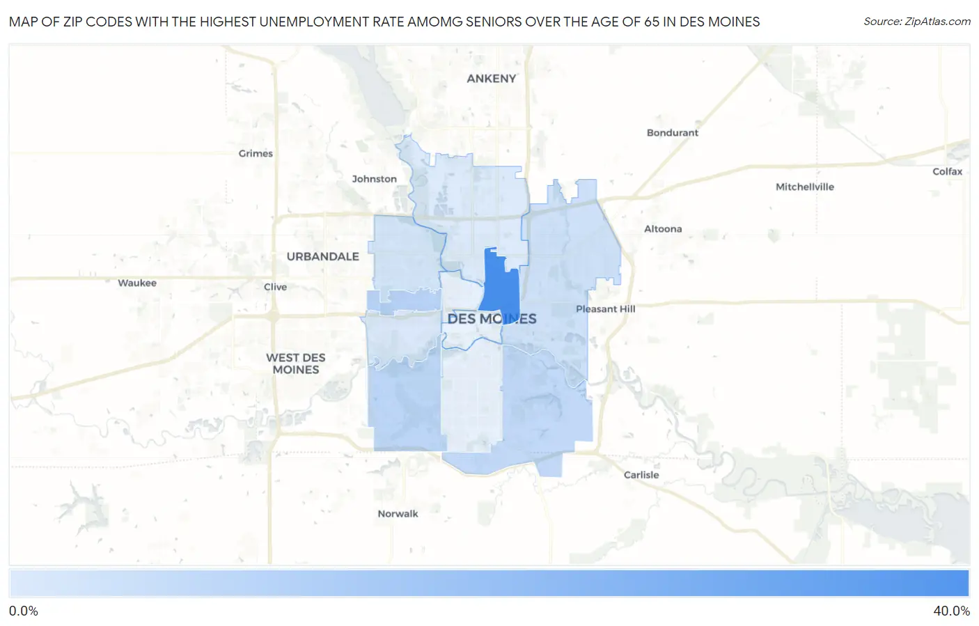 Zip Codes with the Highest Unemployment Rate Amomg Seniors Over the Age of 65 in Des Moines Map